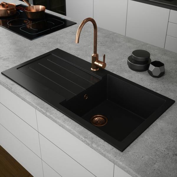 Flode Vänern | 1.0 Bowl Comite Kitchen Sink | Inset with drainer | 1000mm x 500mm | Matt Black Finish | Strainer Waste Supplied