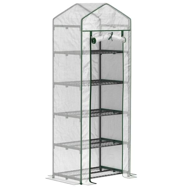 Five-shelf mini greenhouse with green metal frame and clear panels