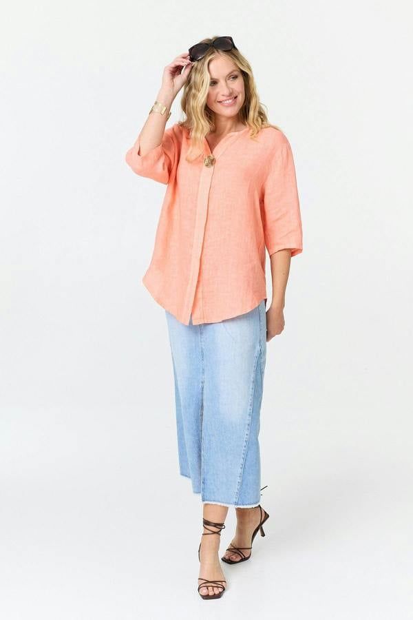 Coral | Button Front 3/4 Sleeve Relaxed Blouse