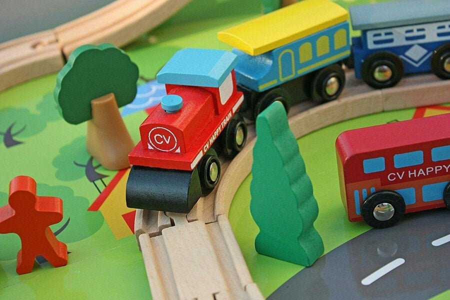 HYGRAD BUILT TO SURVIVE Kids Wooden Activity White Table and 90 Piece Train Set Car Track + Accessories