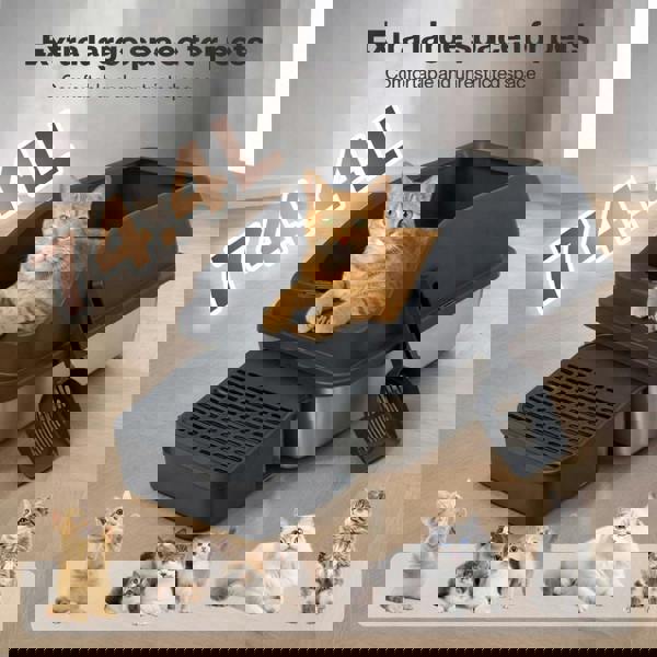 Skylos Stainless Steel Cat Litter Box Big Cats Kitten High Sided Easy Clean Grey