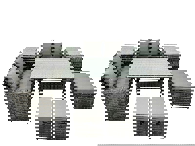 Fimous 7 Seater Wicker PE Rattan Furniture Outdoor Dining Table Double Seat Sofa 2 Side Table 3 Stool Set Dark Grey Mixed