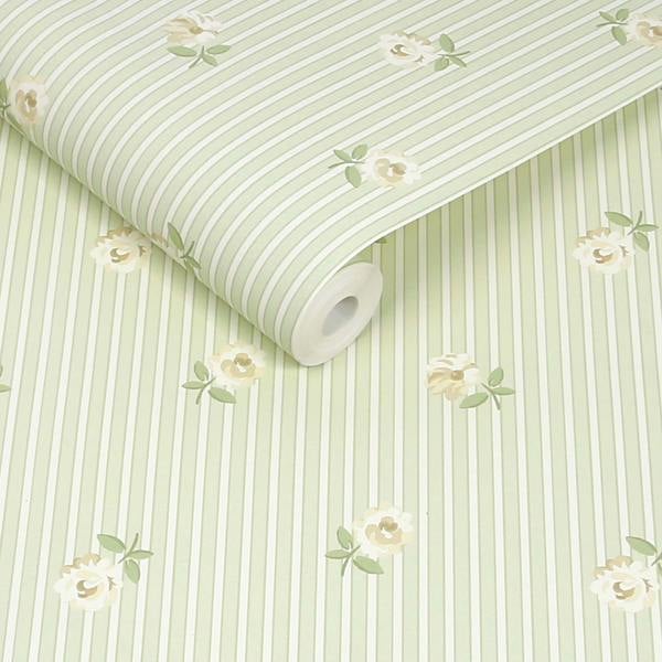 Cath Kidston Rose Spaced Stripe Sage Wallpaper