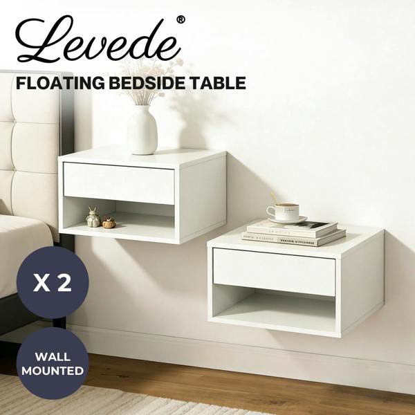 Levede Bedside Table Floating Set of 2 Wall Mounted Drawer Open Shelf White