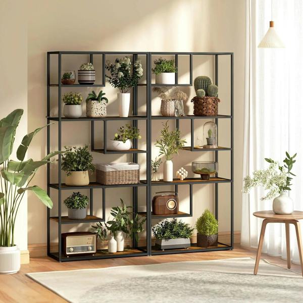 Black metal bookcase shelf with rustic brown tiers styled with potted plants and decor