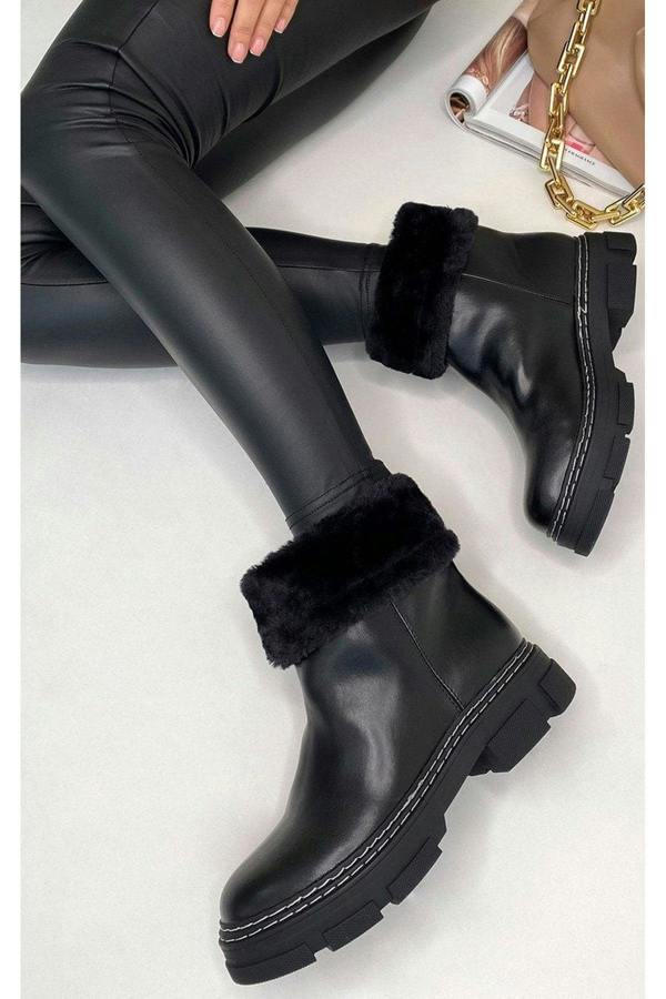 Cassie Faux Leather Fluffy Bow Ankle Boots - Black