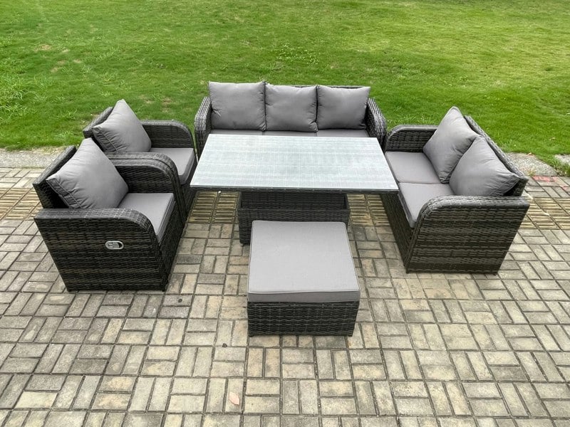 Fimous Rattan Outdoor Garden Furniture Sets Height Adjustable Rising lifting Dining Table Reclining Chair Sofa Set with Big Footstool Dark Grey Mixed