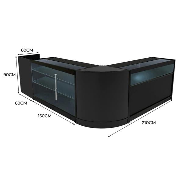 Polaris LED Shop Counter Set in sleek black, featuring glass displays, curved design, and dimensions of 210cm x 150cm x 90cm