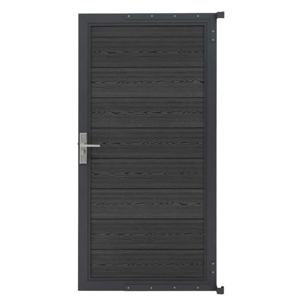 Grey composite panel gate with a sleek wood-like texture, featuring a modern handle and sturdy metal frame for durability