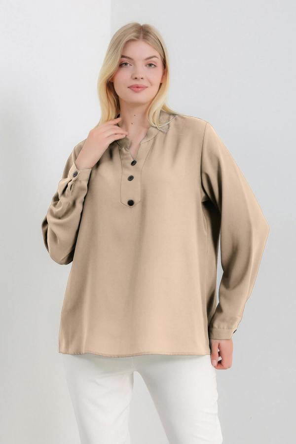 Hoxton Gal Oversized Long Sleeves Top with Button Details in Beige