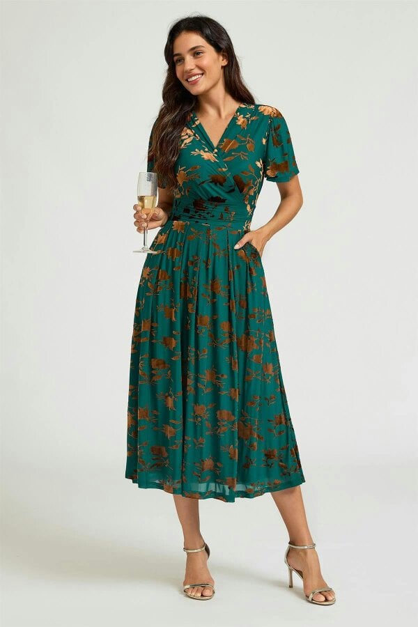 FS Collection Velvet Flock Short Sleeve Midi Dress In Jade Green