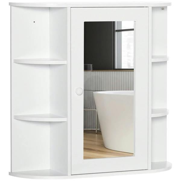 White wall-mounted bathroom cabinet with rectangular mirrored door and 2-tier interior shelves