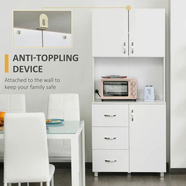 White kitchen cabinet with anti-toppling wall attachment device for safety