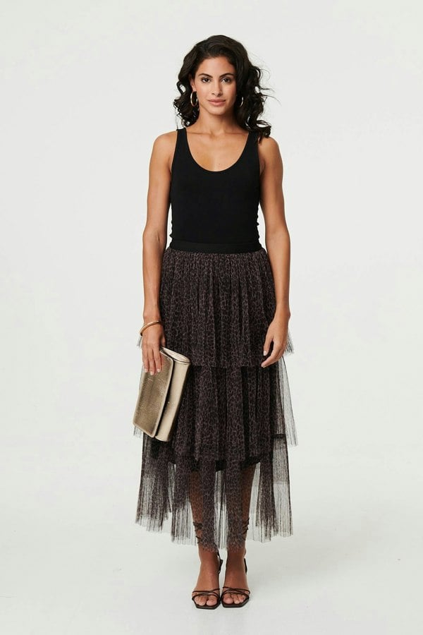 Brown | Animal Print Tiered Midi Skirt
