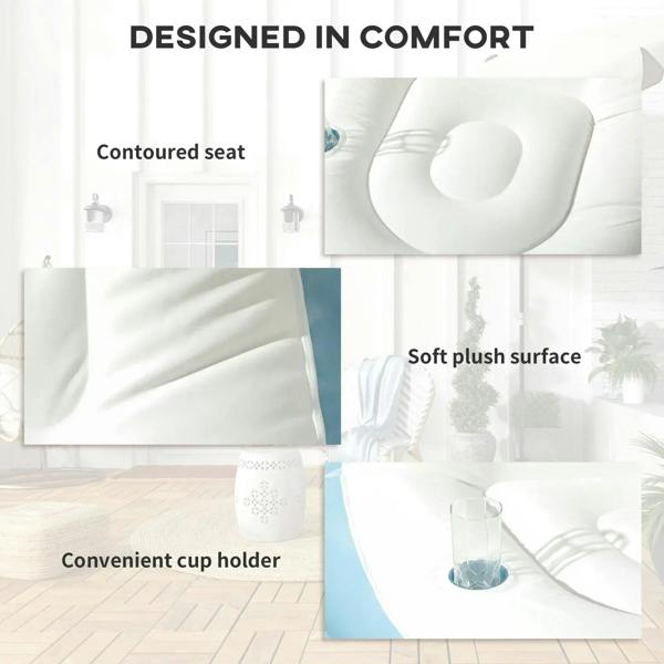 Inflatable tub chair with contoured seat and footstool, white and light-blue upholstery