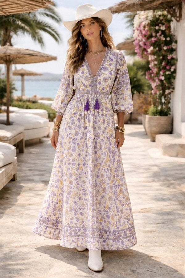 Amelia San Floral Lilac Floaty sleeve woodblock print with flowers, maxi dress