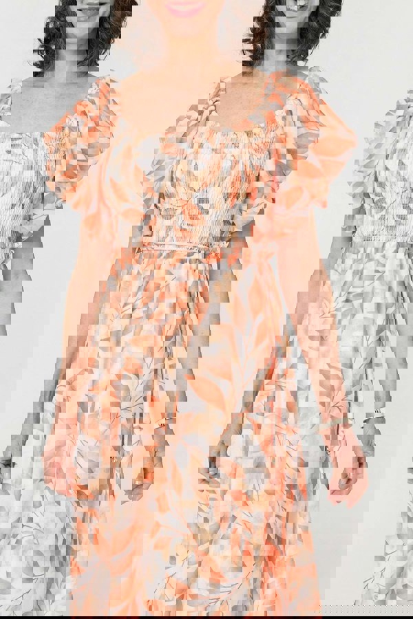 Orange | Leaf Print Short Puff Sleeve Midi Dress
