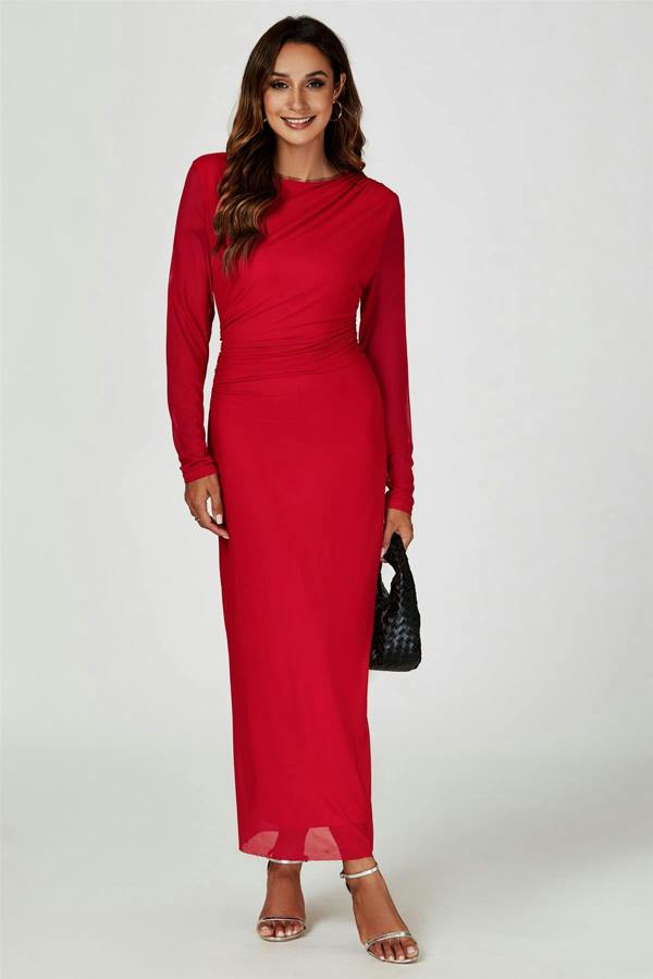 FS Collection Long Sleeves Mesh Midi Dress In Red