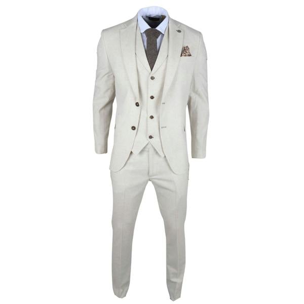 Infinity Leather Men's Beige 3 Piece Linen Formal Summer Wedding Suit