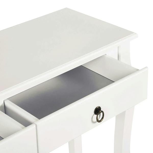 Ivory white console table drawer open, revealing dark-lined storage compartment