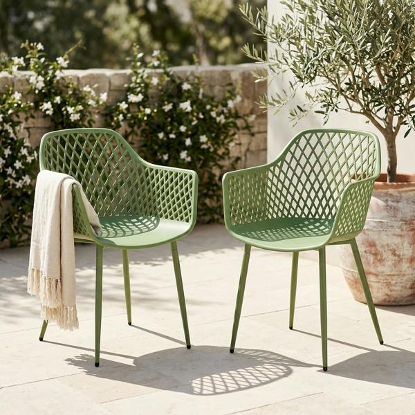 Core Products Pair Of Lattice Bistro Garden Arm Chairs, Moss Green