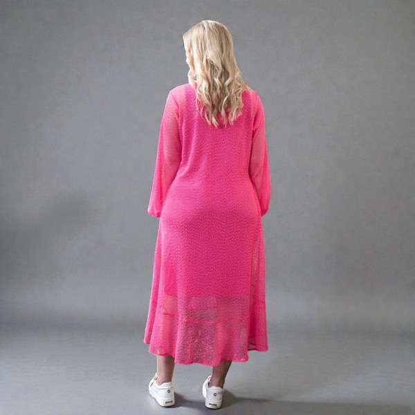 Women's Aphrodite Hot Pink Holiday Resort Dress with a hot pink undergarment shown from the back, paired with white sneakers