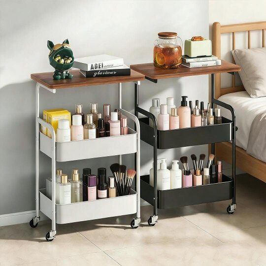 Havendro Three-Tier Mobile Storage Cart | Wooden Desktop with Sturdy Metal Frame
