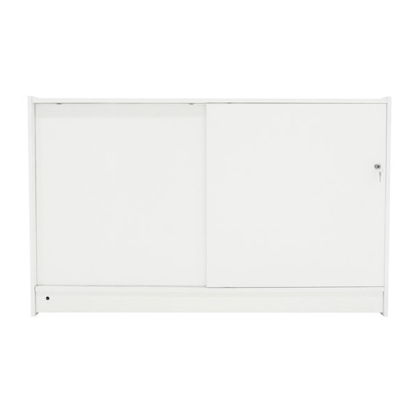 Sleek white LED retail shop counter C1500 with smooth surface, sliding door, and lockable compartment for secure storage