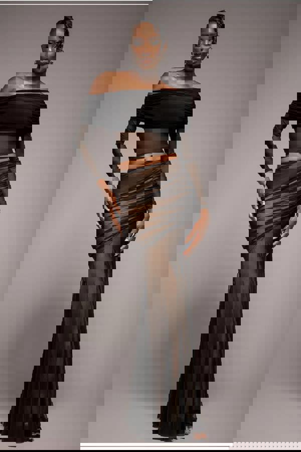 Mesh Gathered Mermaid Maxi Skirt - Black SK57