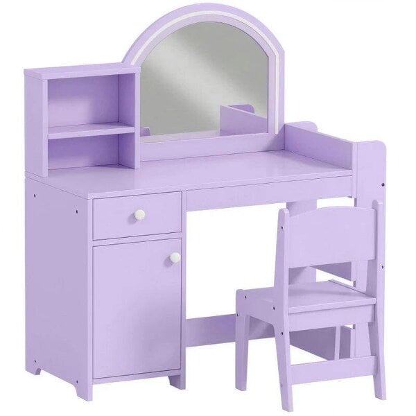Kids Vanity Table and Chair Set, Kids Vanity Table with 2-Colour LED Mirror, Stool, Cabinet, Drawer, Shelves, Purple