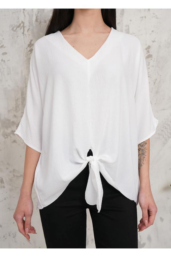 Hoxton Gal Oversized V Neck Tie Front Detailed Blouse with 3/4 Sleeves in White