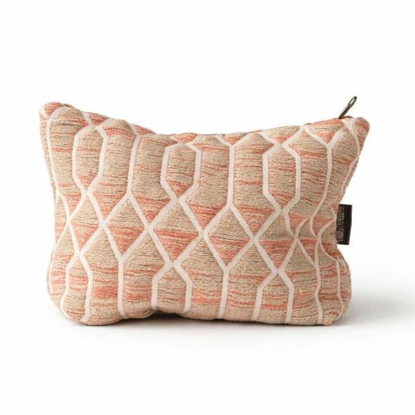 Rose lattice jacquard toiletry pouch with rounded shape and zip top, woven fabric.