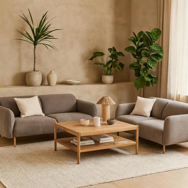 Wyld Haus Cambridge  Set of 2 Dusty Brown Fabric Oak Base Sofa 2.5 Seater and 3 Seater