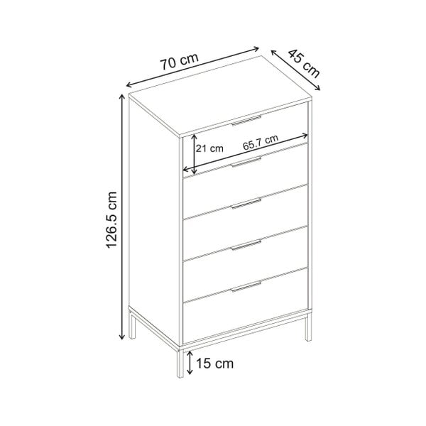 Decortie Mars 5 Drawer Tall Chest of Drawers 70 x 45 x 126.5 cm