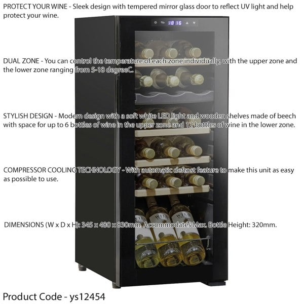 18 Bottle Dual Zone Freestanding Wine Cooler Fridge - LED Backlit BLACK & GLASS - LoopsDirect