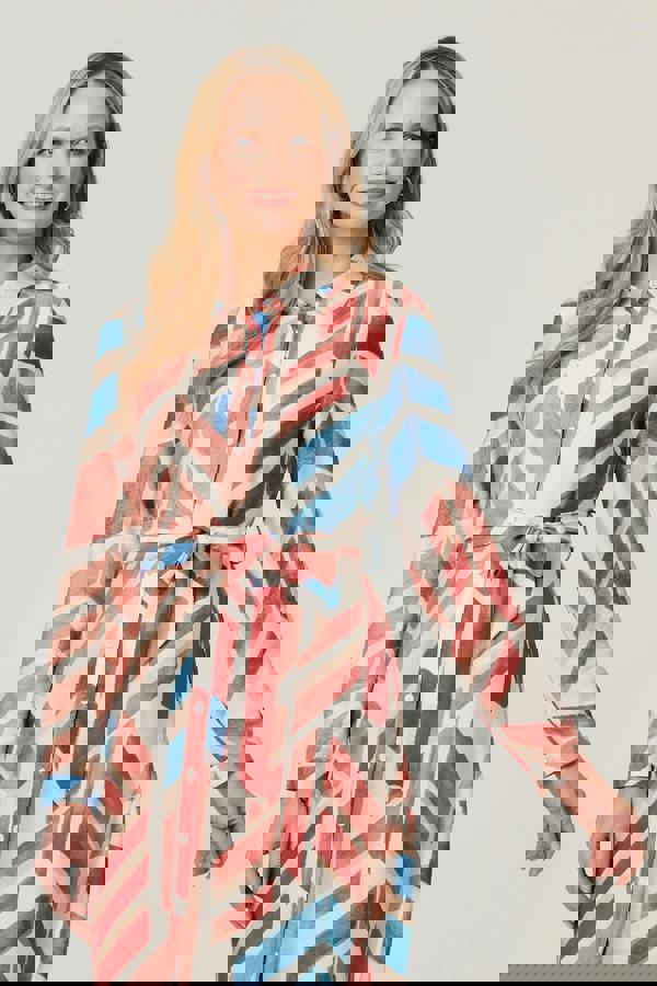 Red | Geo Print Tie Waist Midi Shirt Dress