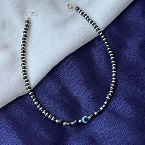 The Colourful Aura 925 Silver Black Beaded Evil Eye Nazar Payal Anklet