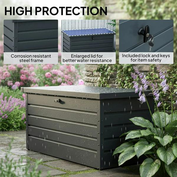Dark grey galvanised steel garden storage box with lock on hinged lid