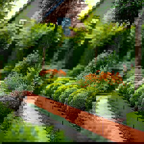 Lush garden landscape featuring Corten steel rust 20cm high garden edging used to create a raised bed for plants