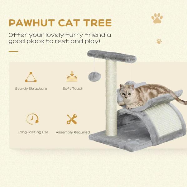 Grey cat tree for kittens with sisal-wrapped post, arched tunnel perch, and hanging balls