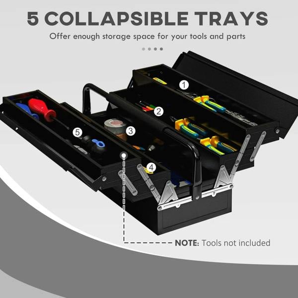 Black toolbox with five collapsible trays and folding latch supports