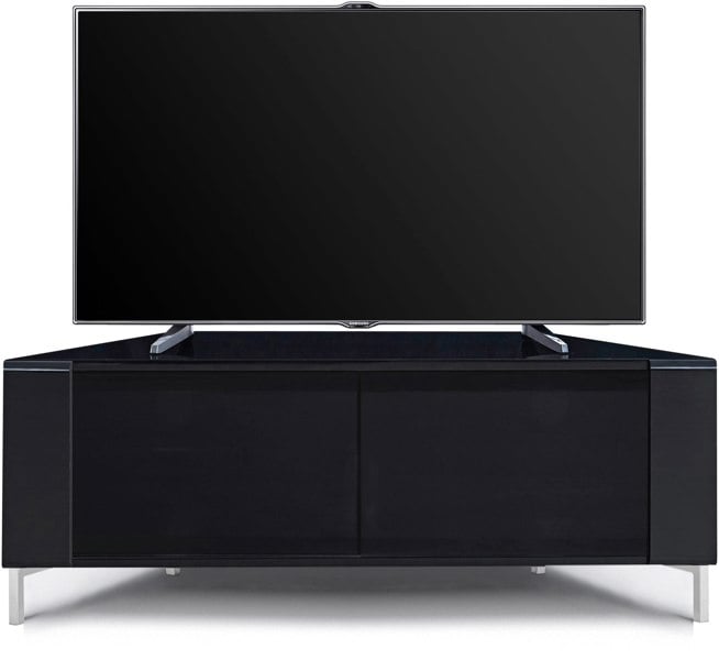 MDA Designs CORVUS Corner-Friendly Gloss Black Contemporary Cabinet with BeamThru Glass Doors Modern Space-Saving Stand for Flat Screen TVs up to 50"
