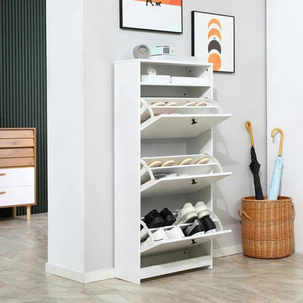 White narrow shoe cabinet open with multiple shoe shelves and flip-door design