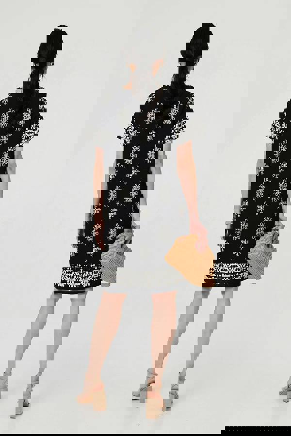 Black | Border Print Knee Length Short Dress