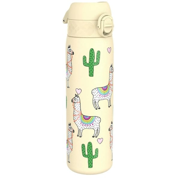 A cream-colored water bottle features cartoon llamas, green cacti, and pink hearts as decoration; the bottle has a flip-top lid suitable for versatile use in various settings.
