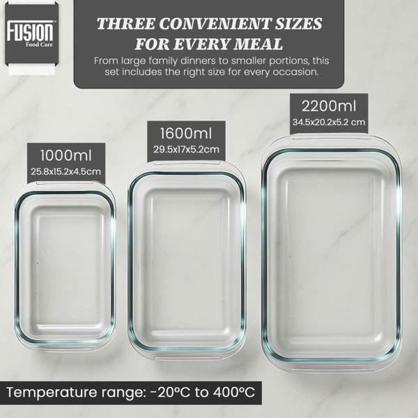 Fusion Food Glass Baking Dish 3 Piece Set - 1000ml/1600ml/2200ml Borosilicate Glass Casserole Dishes for Oven, Freezer, Microwave & Dishwasher Safe