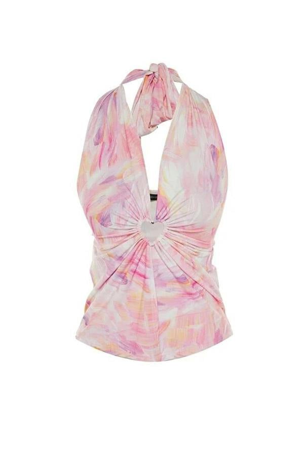 WOVCOR Printed Knitted Blouse with Cut-Out Detail and Accessories