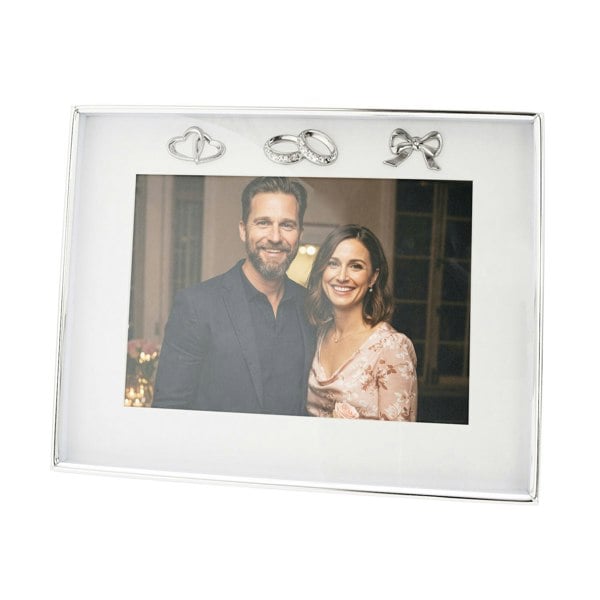 Modern Wedding Picture Frame in Silver Plating with Rings and Hearts Image 1