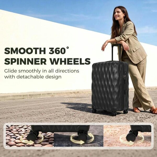 28Inch Suitcase, ABS Hard Shell Checked Luggage with TSA Lock, Spinner Wheels, Telescopic Handle, Black
