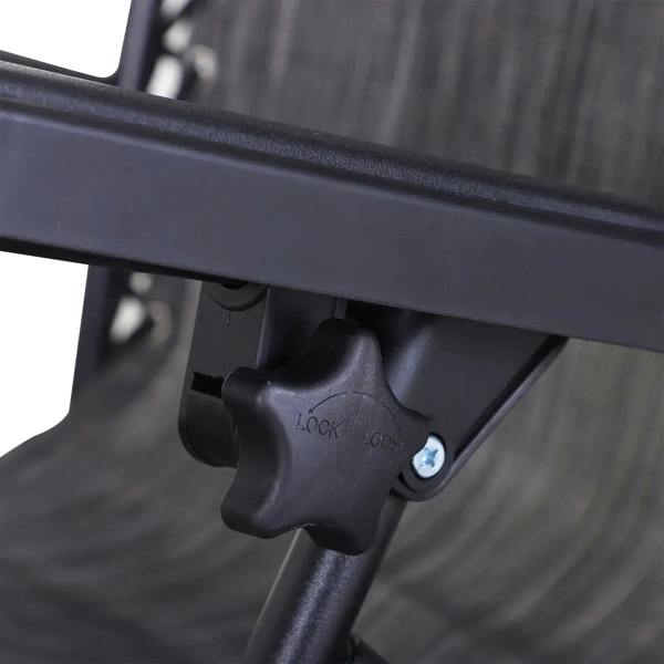 Adjustable metal lock knob on grey reclining chair frame for position control
